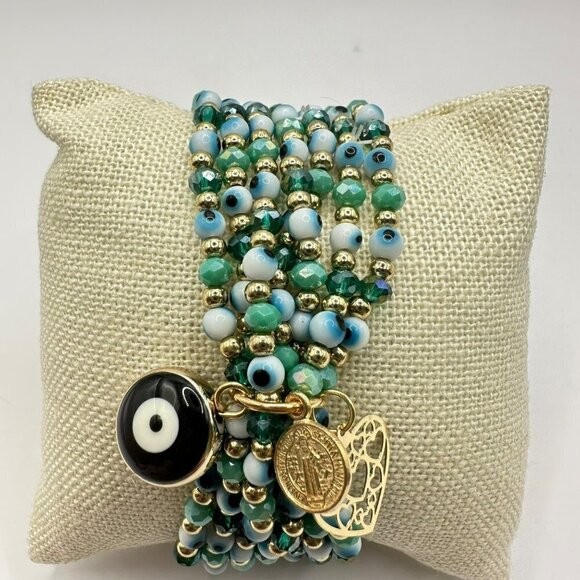 Set of Three Beaded Stack Bracelets Evil‎ Eye and Charms Accents - Picture 2 of 6